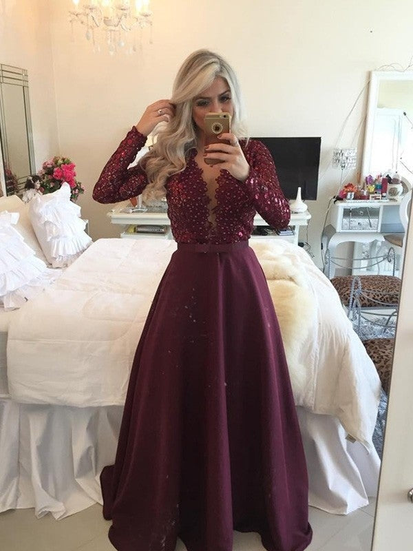 A-Line/Princess Scoop Long Sleeves Sequin Floor-Length Satin Dresses - Prom Dresses