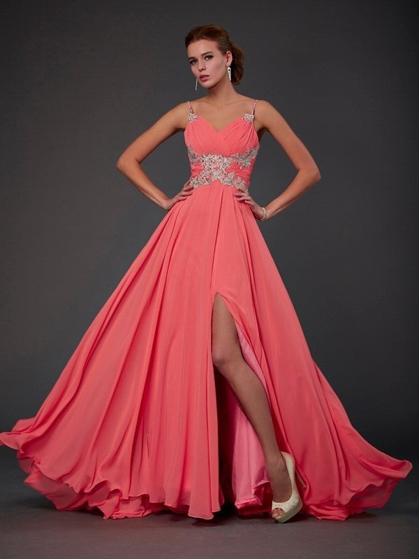 A-Line/Princess Scoop Sleeveless Lace Sweep/Brush Train Chiffon Dresses - Prom Dresses