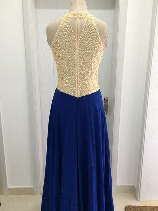 A-Line/Princess Scoop Sleeveless Sweep/Brush Train Beading Chiffon Dresses - Prom Dresses