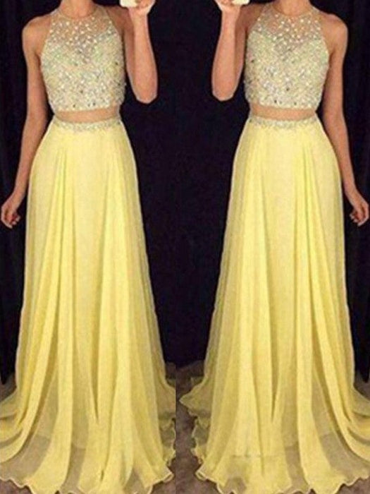 A-Line/Princess Scoop Sleeveless Sweep/Brush Train Beading Chiffon Two Piece Dresses - Prom Dresses