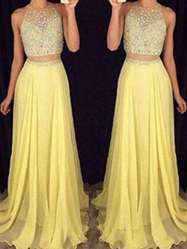 A-Line/Princess Scoop Sleeveless Sweep/Brush Train Beading Chiffon Two Piece Dresses - Prom Dresses