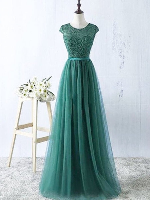 A-Line/Princess Scoop Sleeveless Tulle Floor-Length Dresses - Prom Dresses