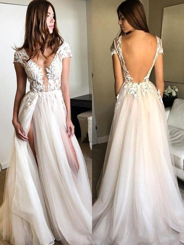 A-Line/Princess Short Sleeves V-neck Sweep/Brush Train Applique Tulle Dresses - Prom Dresses