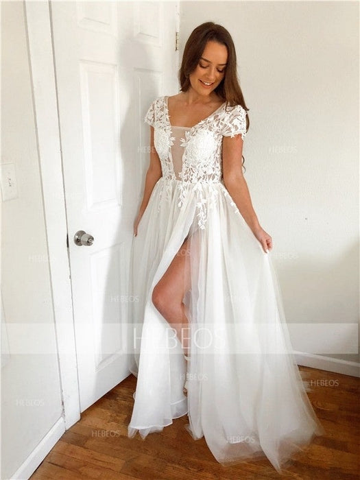 A-Line/Princess Short Sleeves V-neck Sweep/Brush Train Applique Tulle Dresses - Prom Dresses