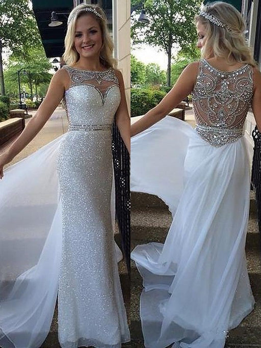 A-Line/Princess Sleeveless Bateau Beading Chiffon Sweep/Brush Train Dresses - Prom Dresses