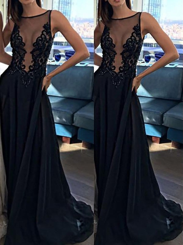 A-Line/Princess Sleeveless Bateau Chiffon Applique Sweep/Brush Train Dresses - Prom Dresses