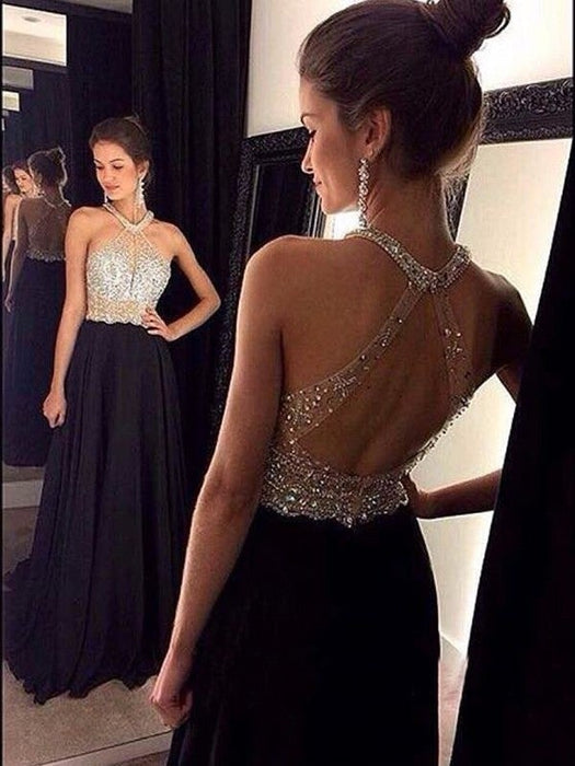 A-Line/Princess Sleeveless Halter Beading Chiffon Sweep/Brush Train Dresses - Prom Dresses