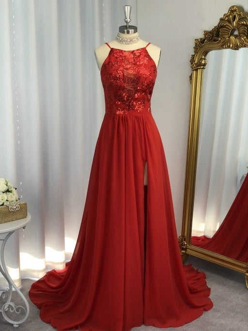 A-Line/Princess Sleeveless Halter Chiffon Applique Sweep/Brush Train Dresses - Prom Dresses