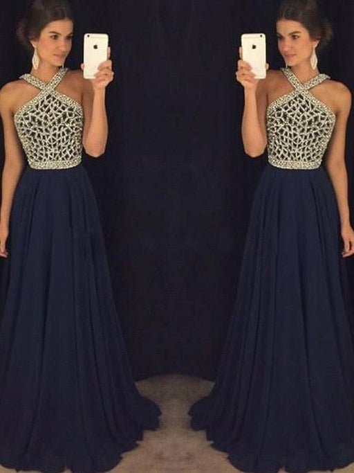 A-Line/Princess Sleeveless Halter Chiffon Beading Floor-Length Dresses - Prom Dresses