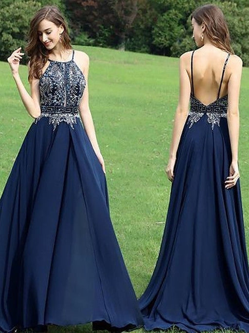 A-Line/Princess Sleeveless Halter Chiffon Beading Sweep/Brush Train Dresses - Prom Dresses