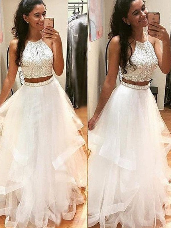 A-Line/Princess Sleeveless Halter Floor-Length Beading Tulle Dresses - Prom Dresses