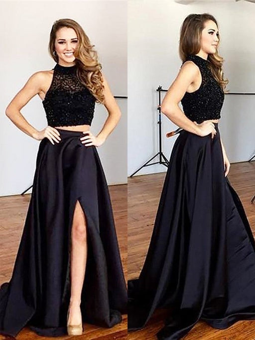 A-Line/Princess Sleeveless Halter Satin Beading Sweep/Brush Train Two Piece Dresses - Prom Dresses