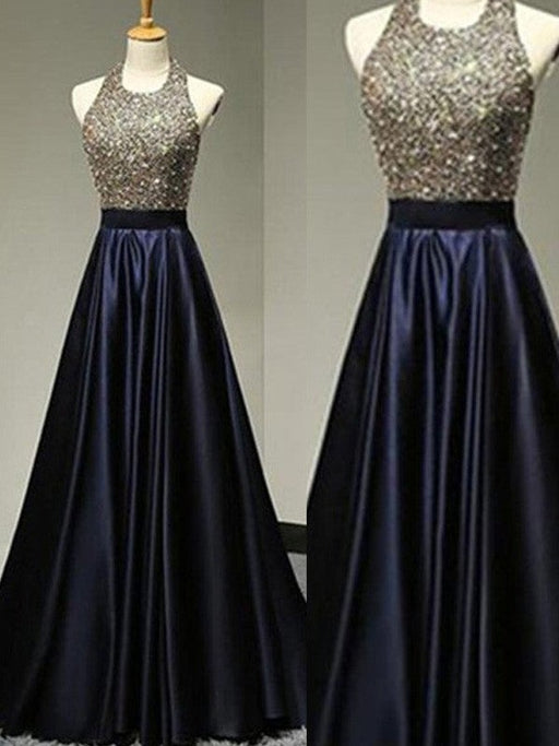 A-Line/Princess Sleeveless Halter Satin Floor-Length Beading Dresses - Prom Dresses