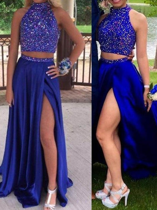 A-Line/Princess Sleeveless High Neck Elastic Woven Satin Beading Sweep/Brush Train Two Piece Dresses - Prom Dresses