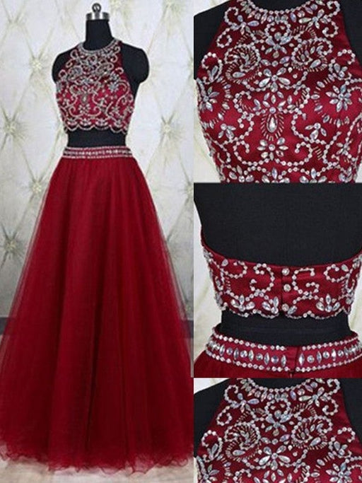 A-Line/Princess Sleeveless Jewel Tulle Beading Floor-Length Two Piece Dresses - Prom Dresses