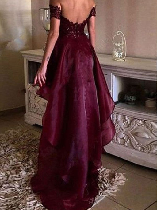 A-Line/Princess Sleeveless Off-the-Shoulder Asymmetrical Applique Organza Dresses - Prom Dresses