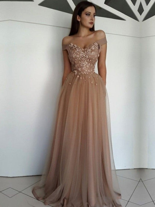 A-Line/Princess Sleeveless Off-the-Shoulder Floor-Length Applique Tulle Dresses - Prom Dresses