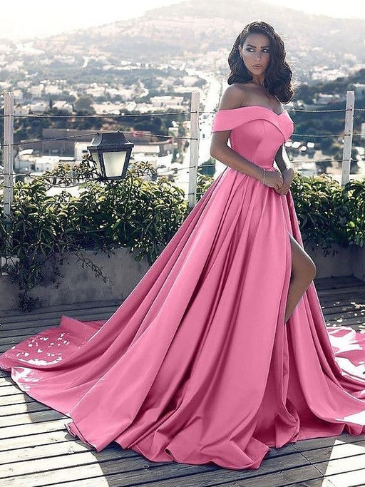 A-Line/Princess Sleeveless Off-the-Shoulder Ruffles Satin Court Train Dresses - Prom Dresses