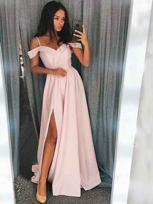 A-Line/Princess Sleeveless Off-the-Shoulder Sweep/Brush Train Ruffles Elastic Woven Satin Dresses - Prom Dresses