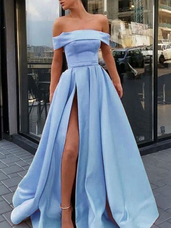 A-Line/Princess Sleeveless Off-the-Shoulder Sweep/Brush Train Ruffles Satin Dresses - Prom Dresses