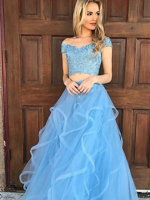 A-Line/Princess Sleeveless Off-the-Shoulder Tulle Applique Floor-Length Two Piece Dresses - Prom Dresses