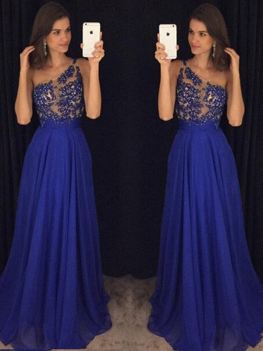 A-Line/Princess Sleeveless One-Shoulder Floor-Length Beading Chiffon Dresses - Prom Dresses