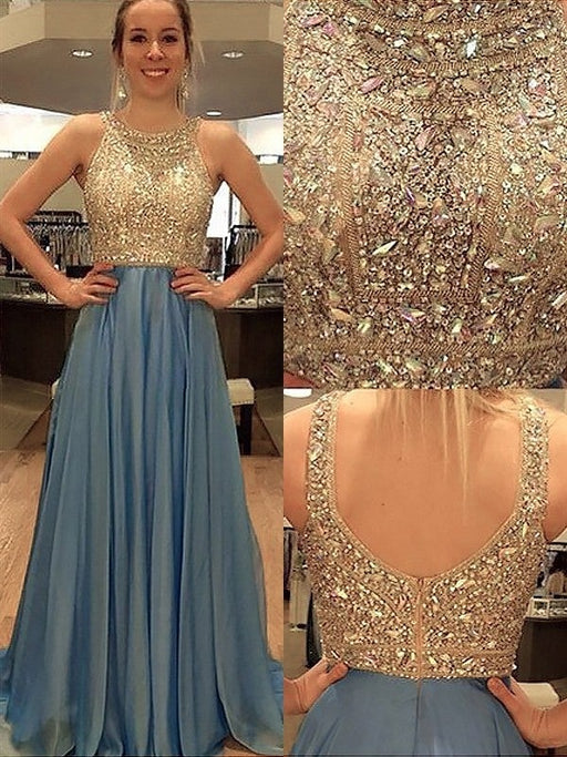 A-Line/Princess Sleeveless Scoop Chiffon Beading Sweep/Brush Train Dresses - Prom Dresses