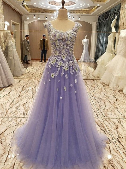 A-Line/Princess Sleeveless Scoop Floor-Length Applique Tulle Dresses - Prom Dresses