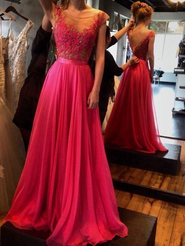 A-Line/Princess Sleeveless Scoop Sweep/Brush Train Applique Chiffon Dresses - Prom Dresses