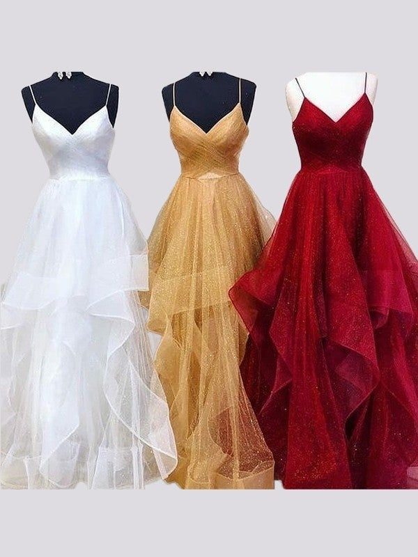 A-Line/Princess Sleeveless Spaghetti Straps Floor-Length Tulle Dresses - Prom Dresses