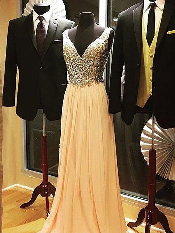 A-Line/Princess Sleeveless V-neck Chiffon Beading Sweep/Brush Train Dresses - Prom Dresses