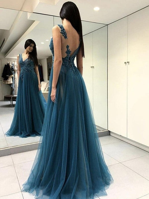 A-Line/Princess Sleeveless V-neck Floor-Length Applique Tulle Dresses - Prom Dresses