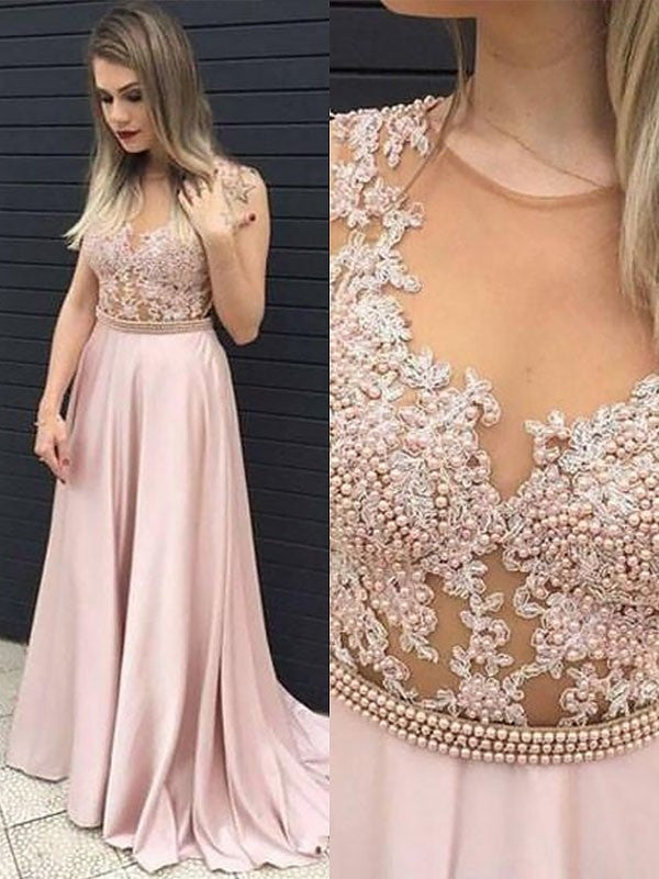 A-Line/Princess Sleeveless V-neck Satin Lace Floor-Length Dresses - Prom Dresses