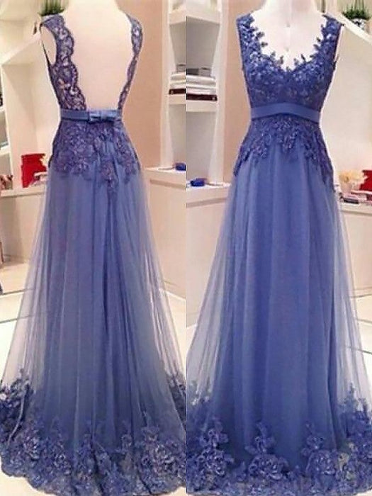 A-Line/Princess Sleeveless V-neck Tulle Applique Floor-Length Dresses - Prom Dresses