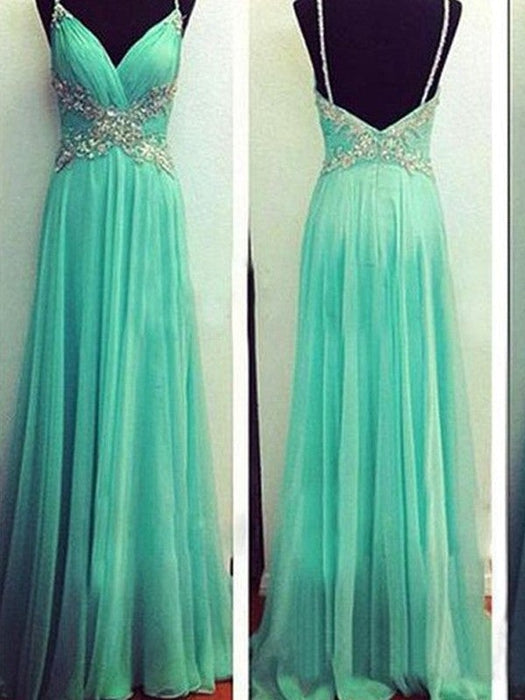 A-Line/Princess Spaghetti Straps Sleeveless Beading Floor-Length Chiffon Dresses - Prom Dresses