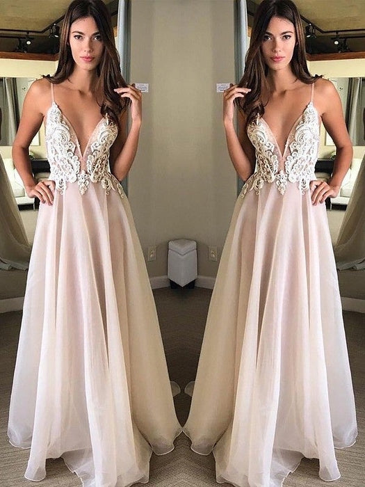 A-Line/Princess Spaghetti Straps Sleeveless Sweep/Brush Train Applique Chiffon Dresses - Prom Dresses