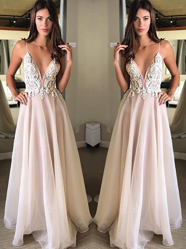 A-Line/Princess Spaghetti Straps Sleeveless Sweep/Brush Train Applique Chiffon Dresses - Prom Dresses