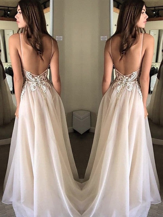 A-Line/Princess Spaghetti Straps Sleeveless Sweep/Brush Train Applique Chiffon Dresses - Prom Dresses