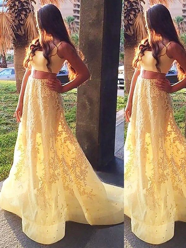 A-Line/Princess Square Sleeveless Satin Sweep/Brush Train Applique Two Piece Dresses - Prom Dresses