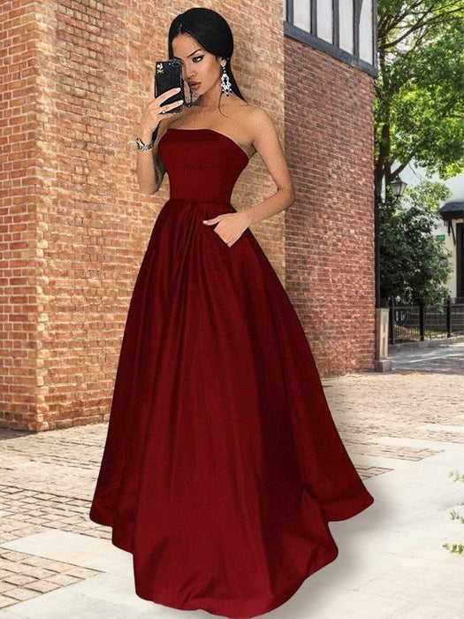 A-Line/Princess Strapless Sleeveless Floor-Length Ruffles Satin Dresses - Prom Dresses