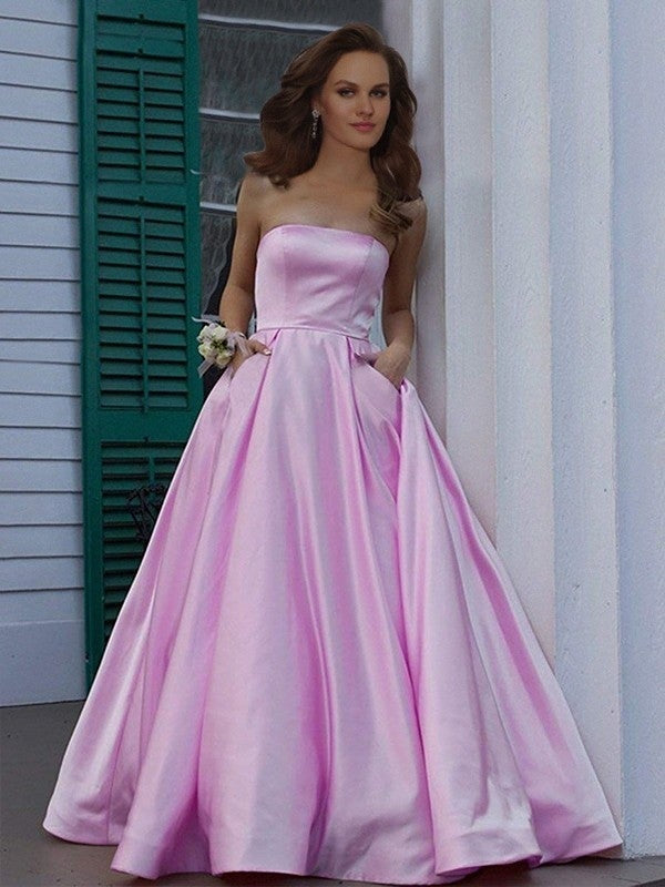 A-Line/Princess Strapless Sleeveless Floor-Length Ruffles Satin Dresses - Prom Dresses