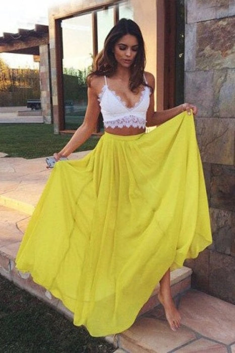 A-Line/Princess Straps Sleeveless Floor-Length Lace Chiffon Two Piece Dresses - Prom Dresses