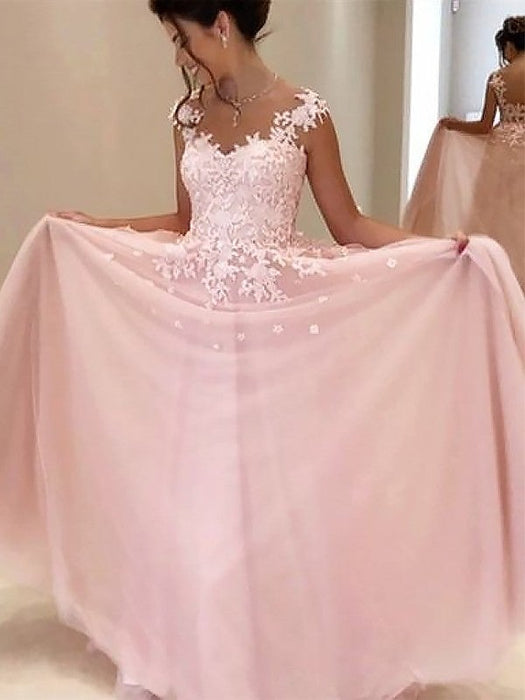 A-Line/Princess Sweetheart Sleeveless Floor-Length Applique Tulle Dresses - Prom Dresses