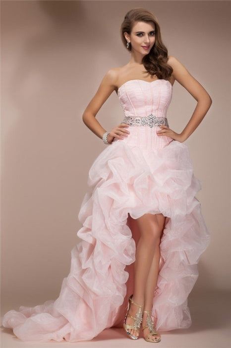 A-Line/Princess Sweetheart Sleeveless High Low Beading Organza Dresses - Prom Dresses