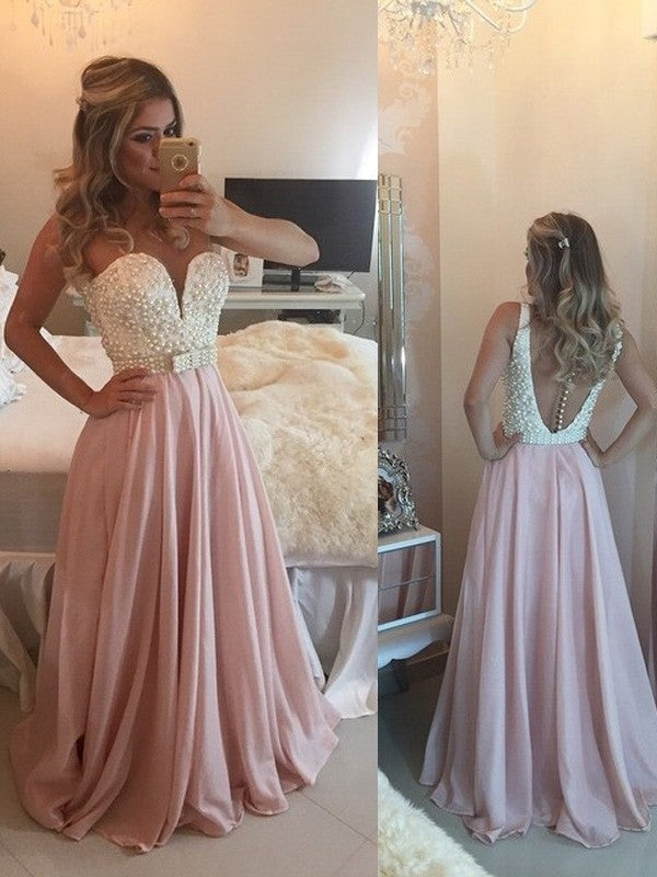 A-Line/Princess Sweetheart Sleeveless Pearls Floor-Length Chiffon Dresses - Prom Dresses