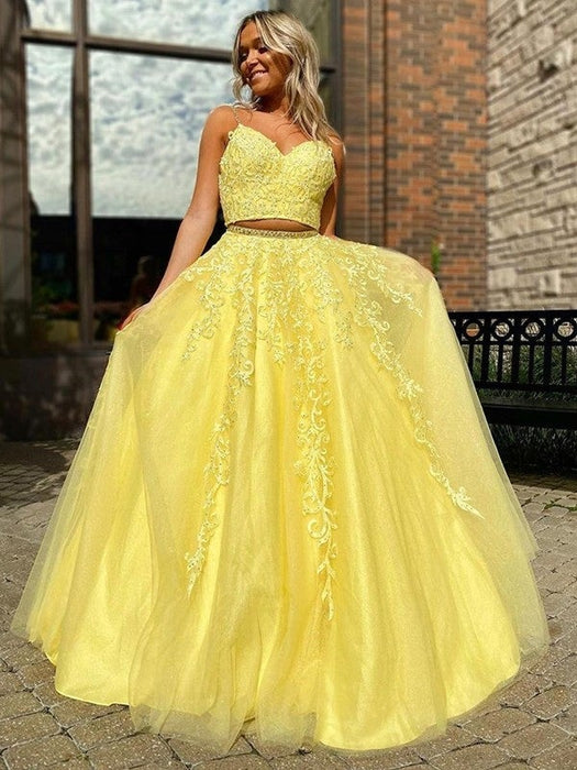 A-Line/Princess Tulle Applique Sleeveless V-neck Floor-Length Two Piece Dresses - Prom Dresses