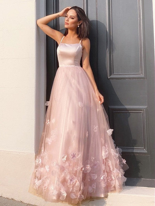 A-Line/Princess Tulle Hand-Made Flower Straps Floor-Length Sleeveless Dresses - Prom Dresses