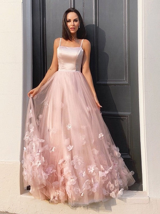 A-Line/Princess Tulle Hand-Made Flower Straps Floor-Length Sleeveless Dresses - Prom Dresses