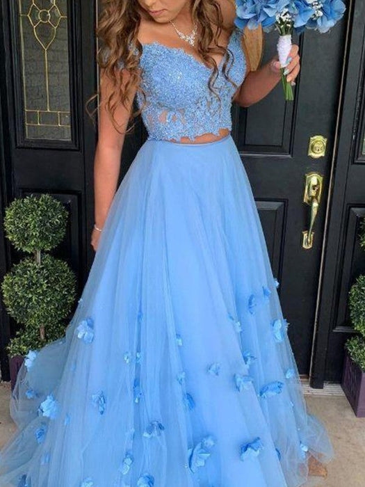 A-Line/Princess Tulle Off-the-Shoulder Applique Sleeveless Floor-Length Dresses - Prom Dresses