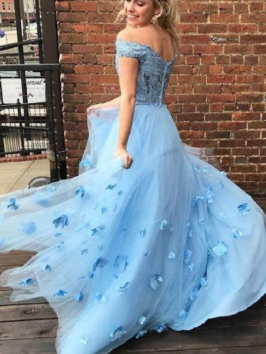 A-Line/Princess Tulle Off-the-Shoulder Applique Sleeveless Floor-Length Dresses - Prom Dresses